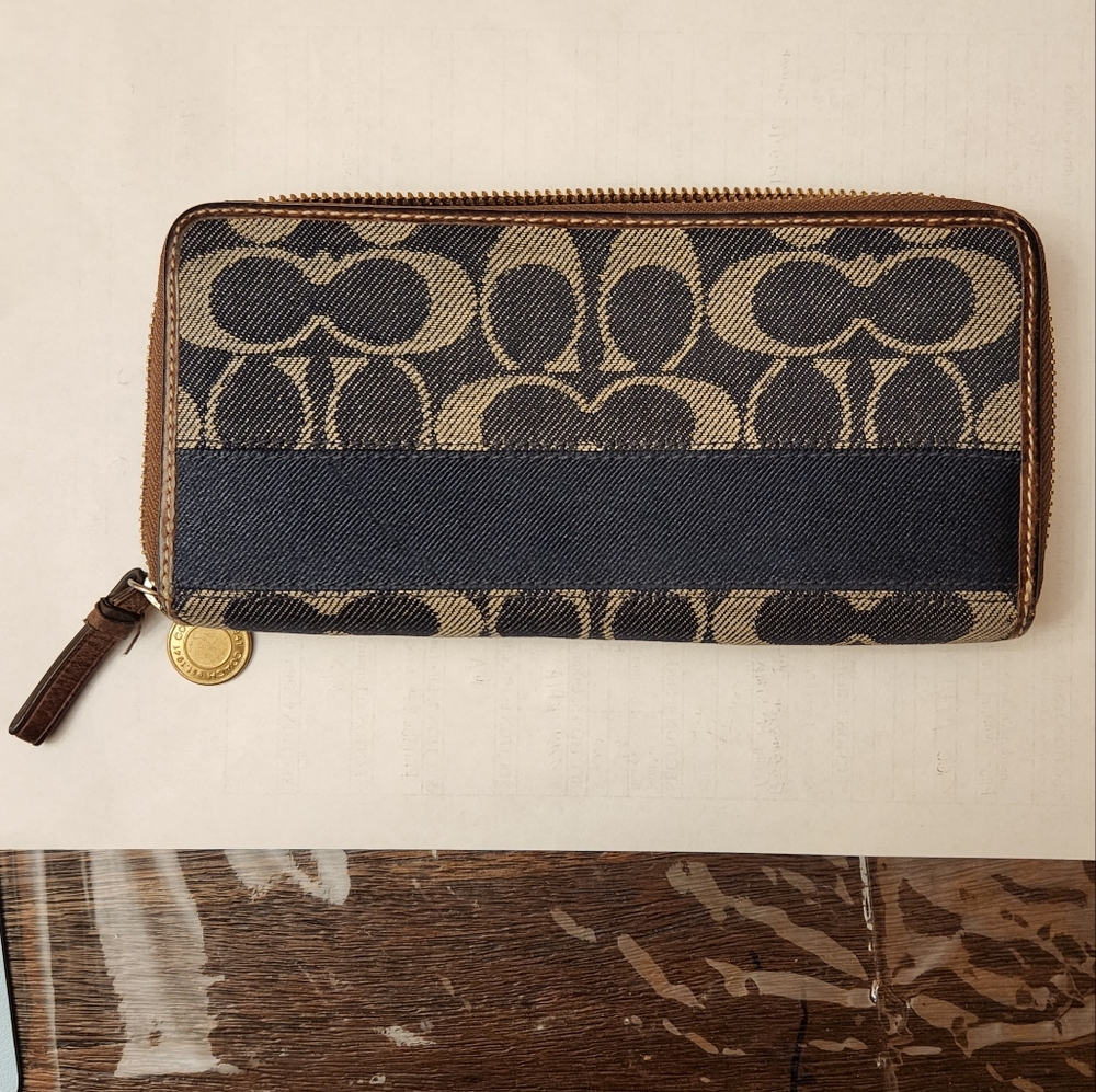 COACH Denim leather zip around accordion wallet